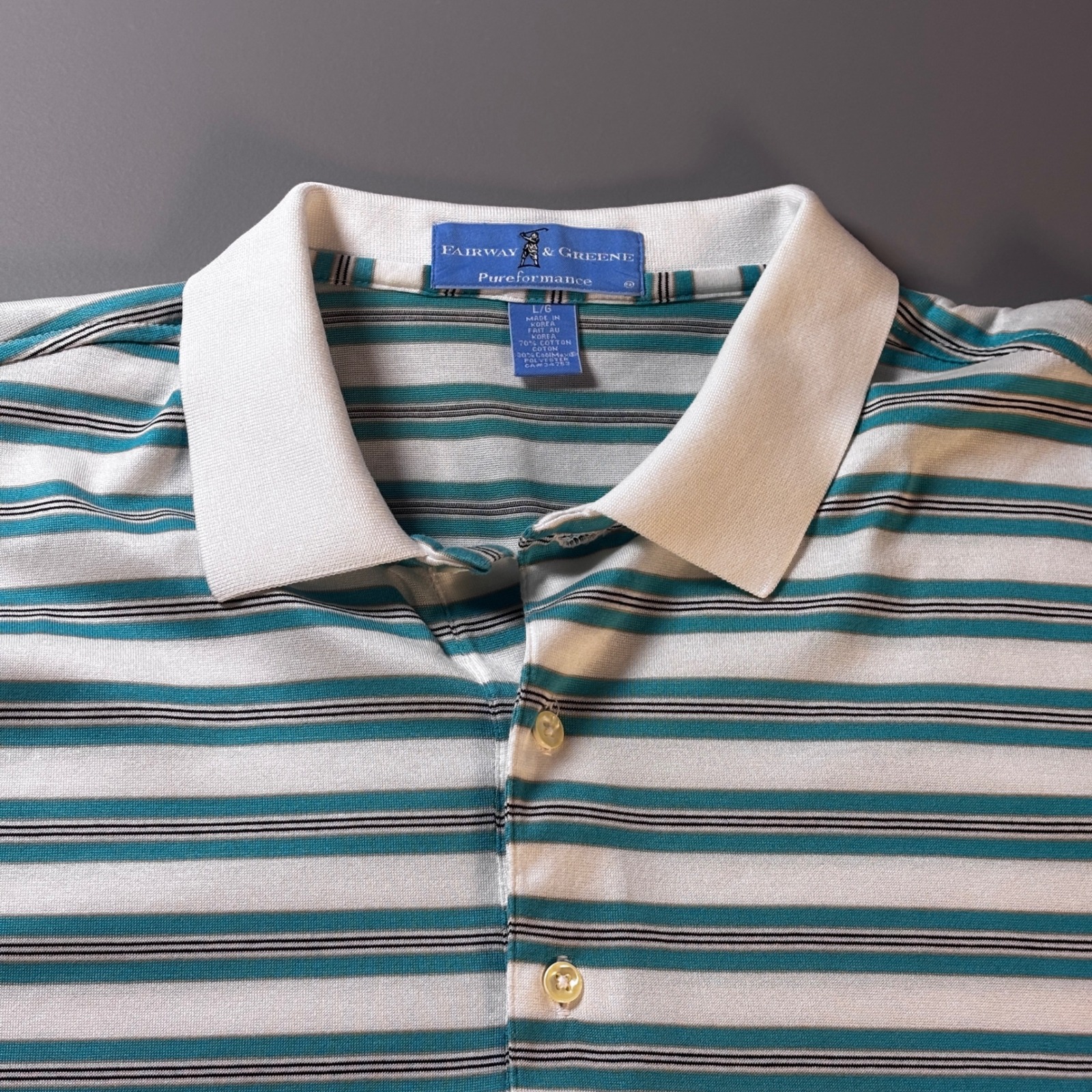 Fairway  Greene Pureformance Mens Large Striped Golf Polo Shirt Teal White L